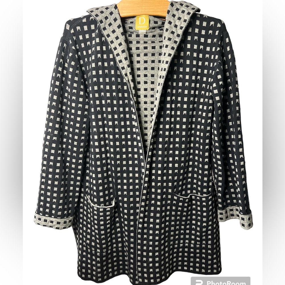 Damask Textured Square Open Face Cozy Sweater Cardigan Grey Black Midi